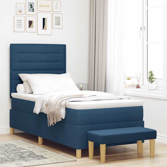 vidaXL - Boxspring - bed - met - kussen - met - hoofdeinde - Blauw - 200 - x - 90 - cm - Stof