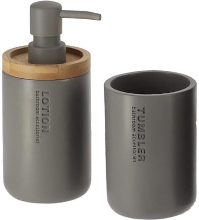 Tendance Badkamer accessoires set 2-delig - Polyresin/bamboe - grijs - robuust - matte coating - luxe set