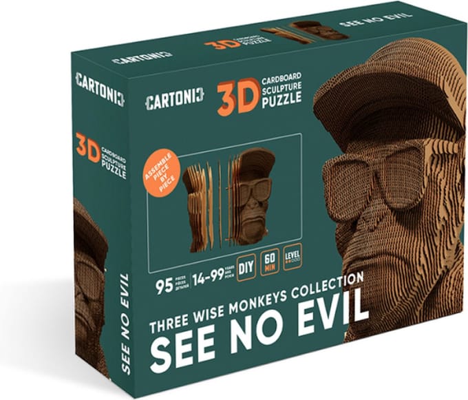 CARTONIC- Three wise monkeys: see no evil - 3D Puzzel-Speelgoed- Puzzel-DIY- Creatief- Karton- Kinderen en volwassen- 3D- puzzel-aap