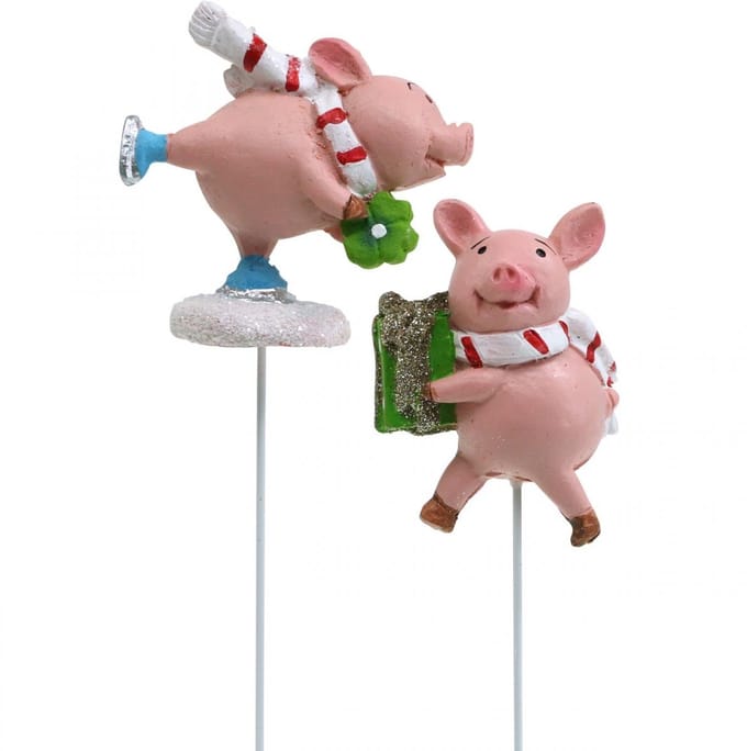 Deco varken Kerst geluksvarken bloemen plug 4st, 4 Stück