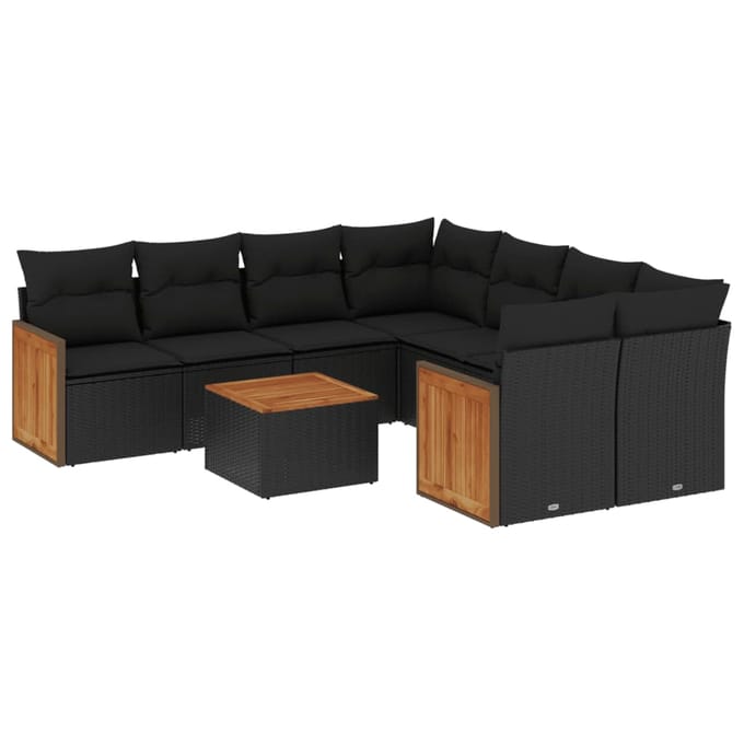 vidaXL - 9-delige - Loungeset - met - kussens - poly - rattan - zwart