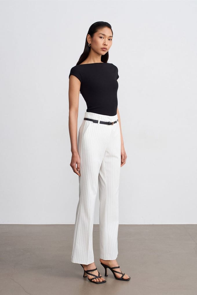 Hoge taille gestreepte flare broek met riem