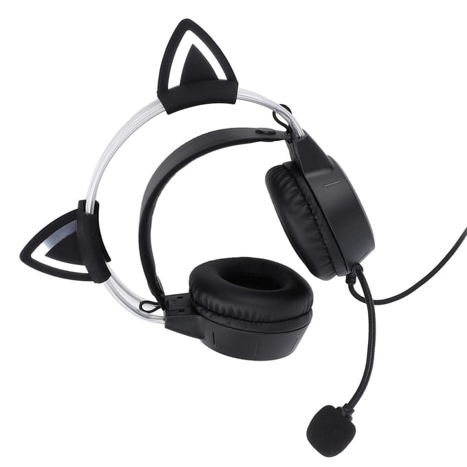 Casque de jeu noir antibruit réglable avec bandeau filaire et oreilles de chat RGB avec micro pour