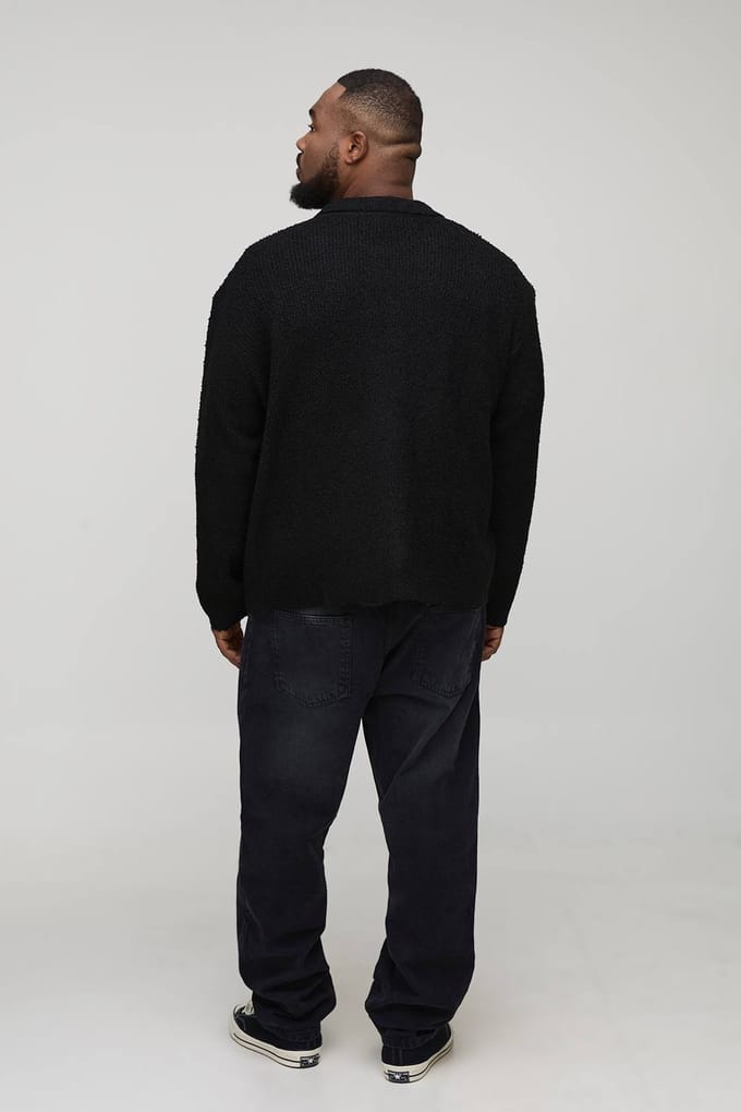 Plus Basic Boxy Geborsteld Gebreide Overhemd | Black | Size 2XL