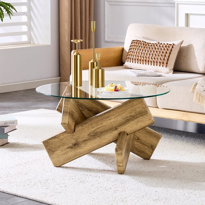 MODFU Ronde salontafel MDF + Glas, Creatief Kruis Houten Frame, 79 cm Diameter, 0,8 cm Dik Veilig Glas