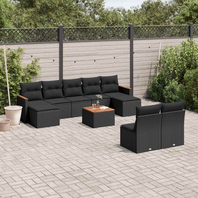 vidaXL - 10-delige - Loungeset - met - kussens - poly - rattan - zwart
