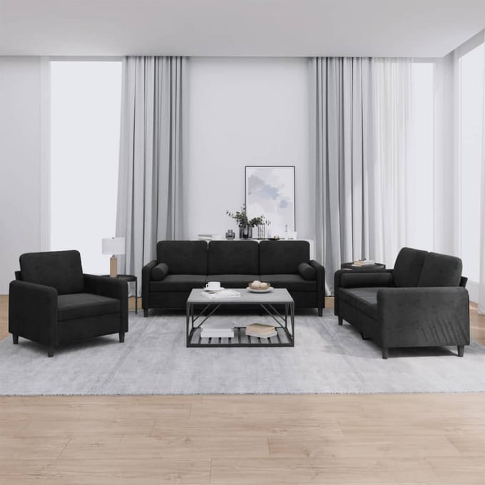 vidaXL - 3-delige - Loungeset - met - kussens - fluweel - zwart
