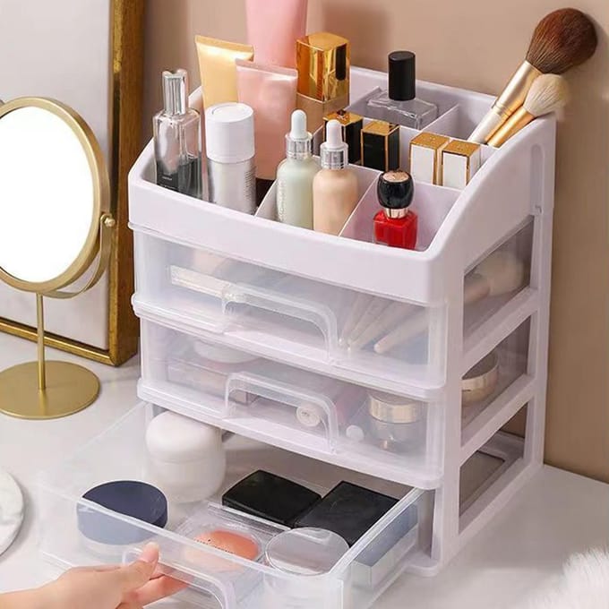 Boîte de rangement cosmétique à 3 tiroirs en plastique transparent, organiseur de maquillage spacieux white