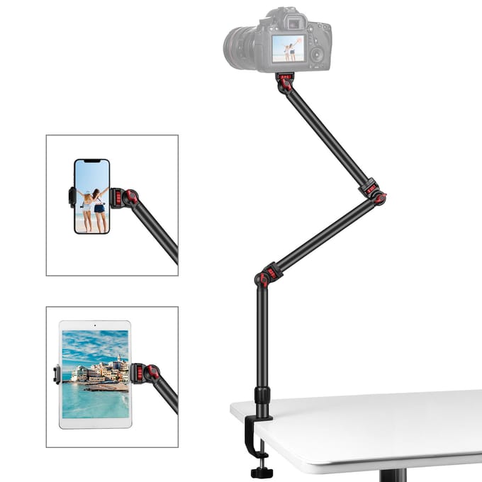 PULUZ PU3103B Desktop Live Streaming Stand 3-sectie Flexibele uitschuifbare armen CClamp Bureauhouder zwart
