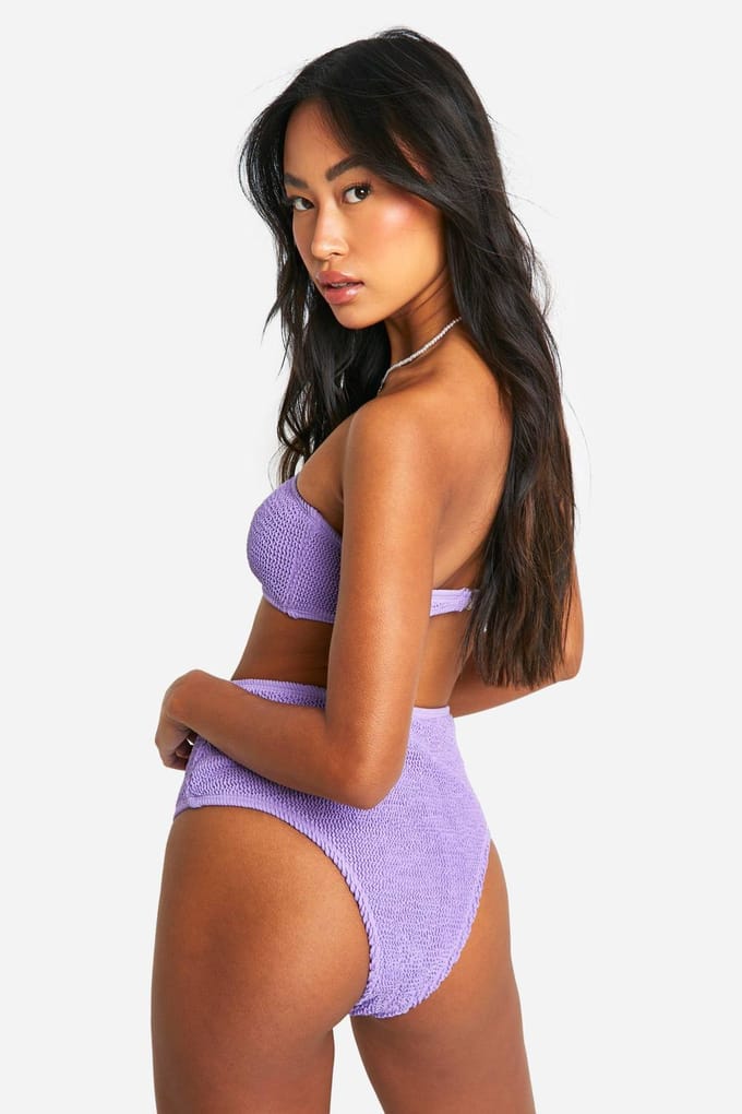 boohoo Dames Premium Crinkle Bikini Slip met Hoge Taille | Lila | Maat: 34