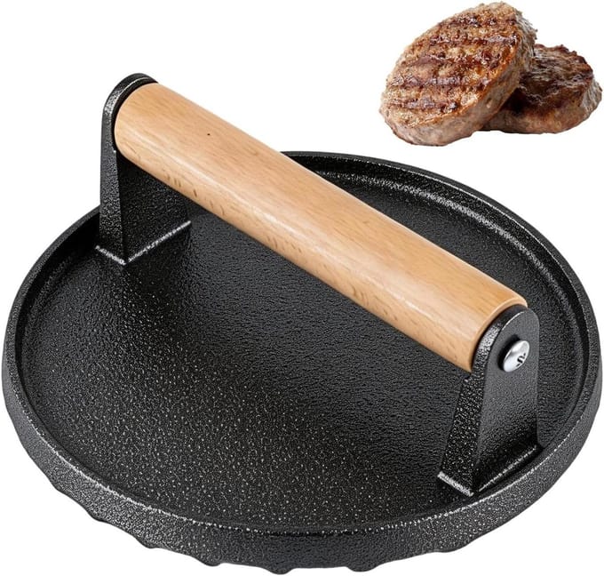 Burgerpers Gietijzer - Smashburger Pers - Professioneel Grillen - Dubbel-getextureerde Plaat - ∅152 cm - Zwart