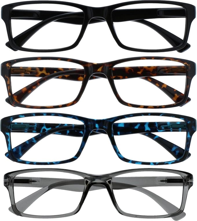 4-Pack Leesbrillen Zwart Bruin Blauw Grijs Ontwerperstijl Met Sterkte +1.00