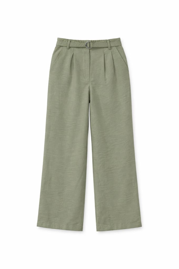 Hoge Taille Geweven Wijde Pijpen Broek met Ceintuur