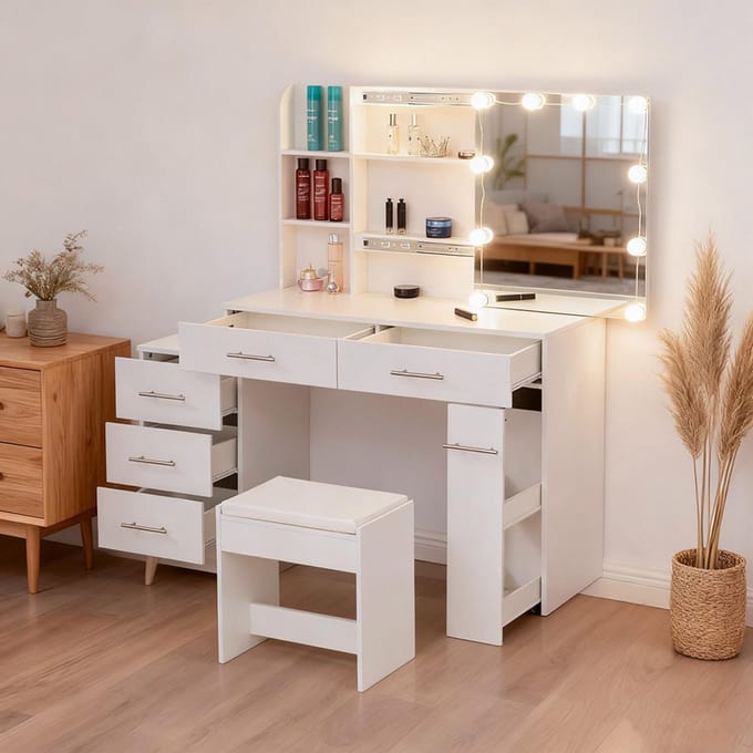 BLACKCOLORS Kaptafel Make-uptafel Toilettafel met spiegel Lade LED-verlichting