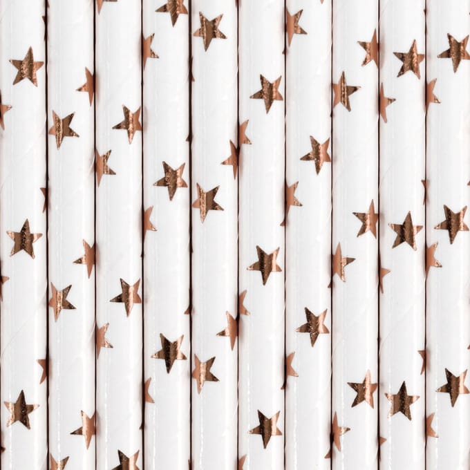 Partydeco Drinkrietjes - papier - 30x - wit/rose goud sterren - 19,5 cm - rietjes