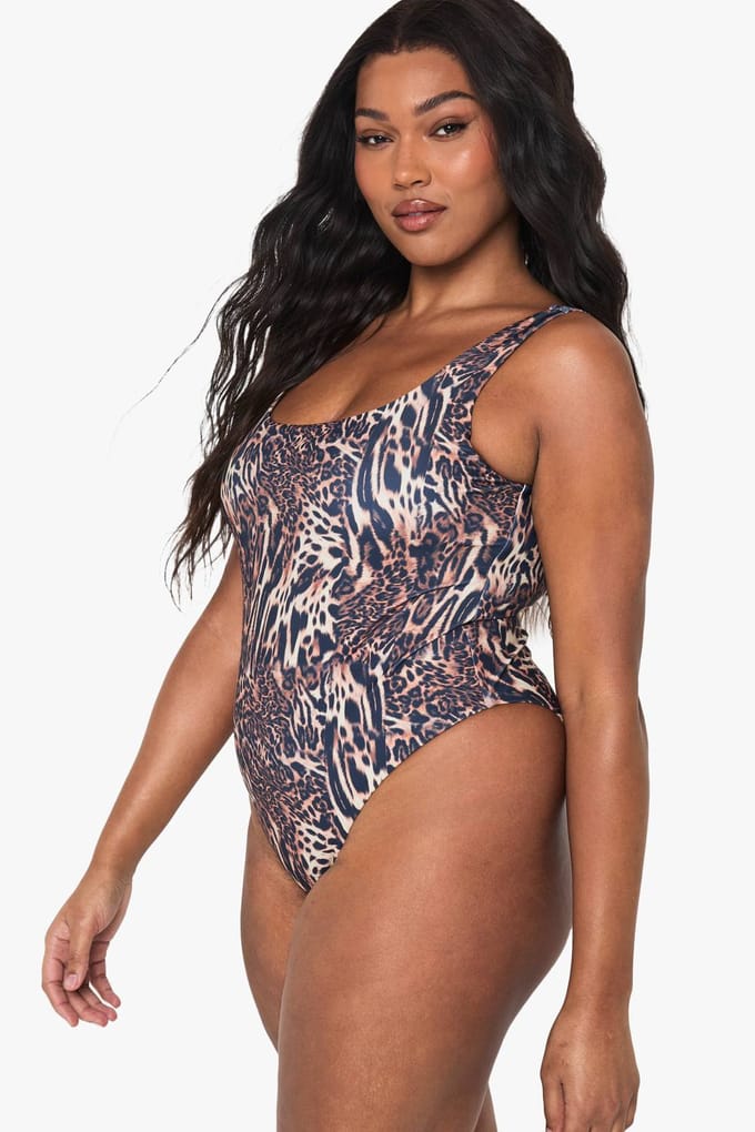 boohoo Dames Plus Swimwear Essentials Luipaard Vierkante Hals Badpak | Luipaardprint | Maat: 56