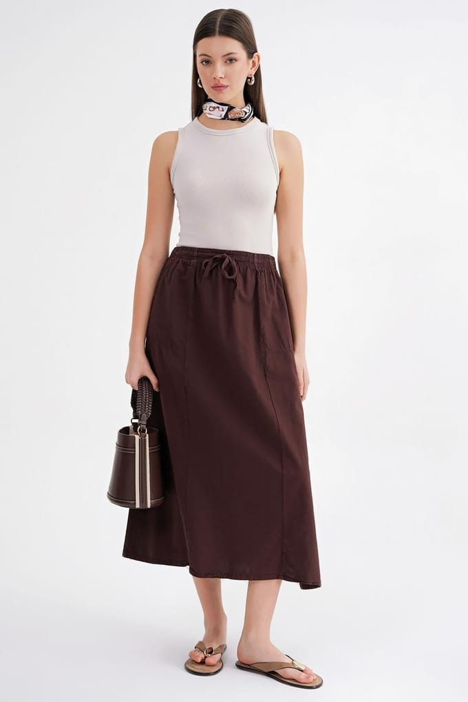 Hoge Taille Poplin Rok met Touwtje Detail
