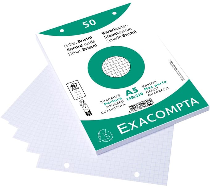 Exacompta 20x Pak 50 steekkaarten in folie - bristol geruit 5x5 geperforeerd - 148x210mm - Wit - 12608E