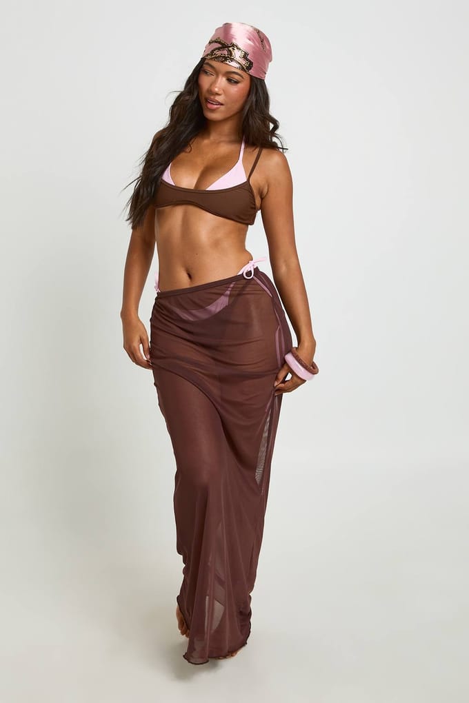 boohoo Dames Doorzichtige Mesh Strand Maxi Rok | Chocolate | Maat: 14