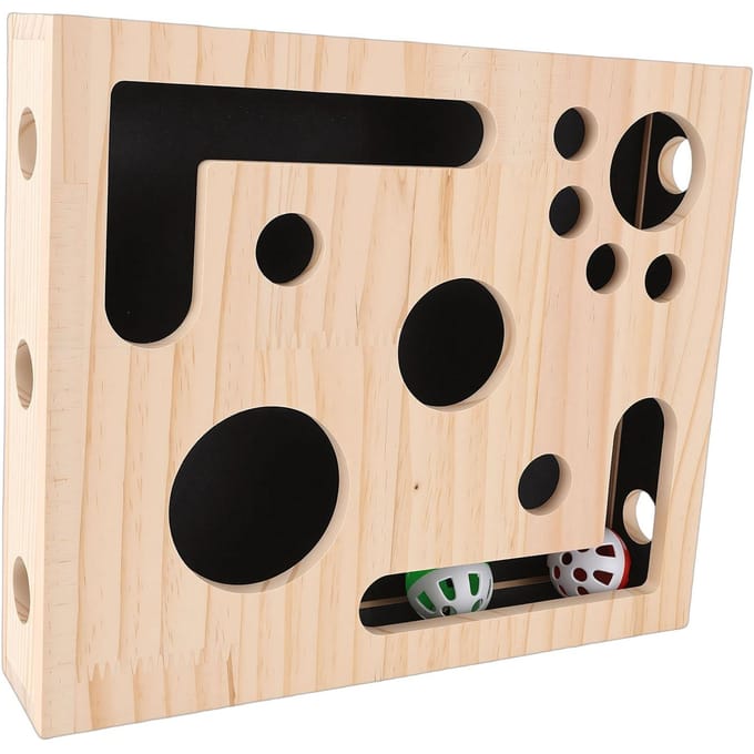 Boîte à jouets puzzle interactive pour chat en bois massif, boîte d'enrichissement griffoir pour entraînement de l'intelligence, pour chaton d'intérieur beige