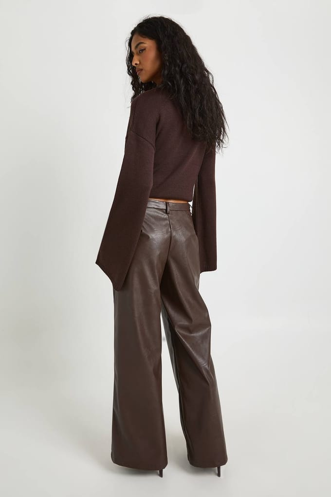 boohoo Dames Kunstleren broek met wijde pijpen | Chocoladebruin | Maat: 40