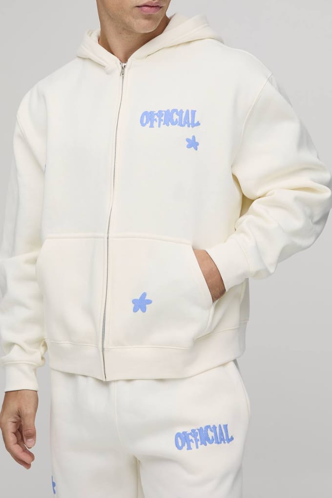 Oversized Boxy Trainingspak Met Ritssluiting, Capuchon En Officieel Bloemen Grafisch Design | Ecru | Size Medium