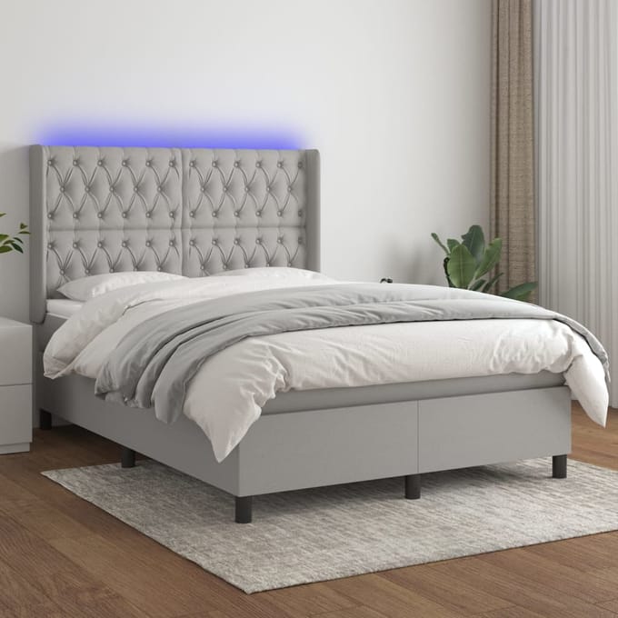 vidaXL - Boxspring - met - matras - en - LED - stof - lichtgrijs - 140x200 - cm