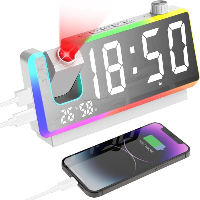 Digitale Wekker - Nachtlamp Projector - Tijd Projecteren - 180 Graden Draaibaar - 7 Inch Display - Wit