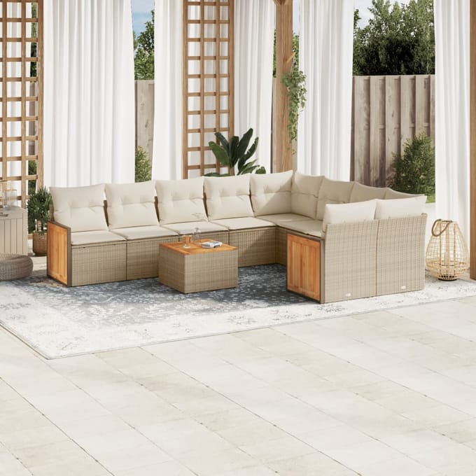 vidaXL - 10-delige - Loungeset - met - kussens - poly - rattan - beige