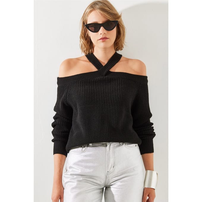 Geweven Crew Neck Langemouw Sweater met Uitsnijdingen