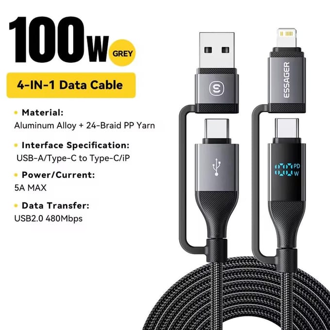 Essager 4 In 1 Digitaal Display USB-kabel Type C 100W PD Snel Opladen Draad Voor iPhone Macbook iPad Xiaomi Type C Lightning-kabel 0.25m