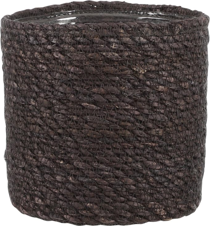 Mica Decorations Plantenmand - grijs - rotan - 16 x 16 cm - Met plastic binnenkant