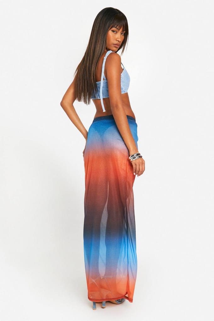 boohoo Dames Ombre Mesh Maxi Rok | Gewassen Blauw | Maat: 38