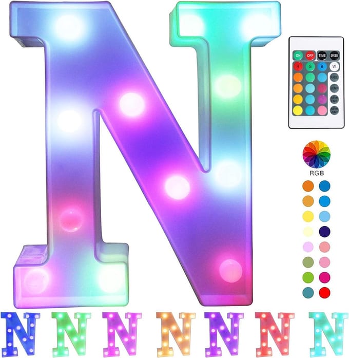 Lichtgevende Letter N - 22 cm Hoog - RGB Met Afstandsbediening - Op Batterijen