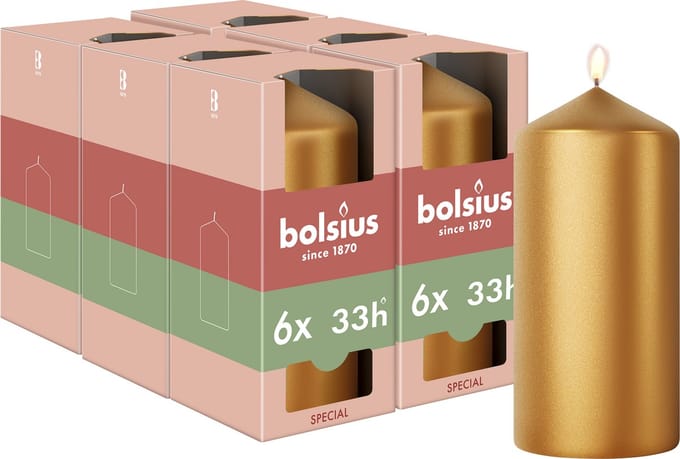 Bolsius - Gladde Stompkaars - 6 stuks - Metallic Goud - 12 cm - 33 Branduren