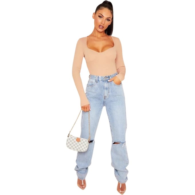 Missy Empire Damesbodysuit met cups en geribde lange mouwen (Rose)