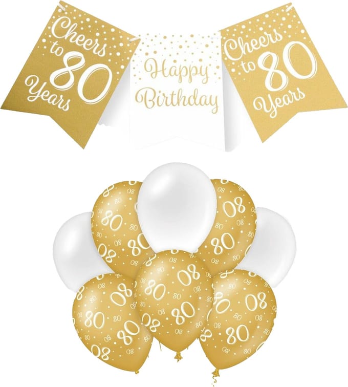 Paperdreams Luxe 80 jaar feestversiering set - Ballonnen & vlaggenlijnen - wit/goud