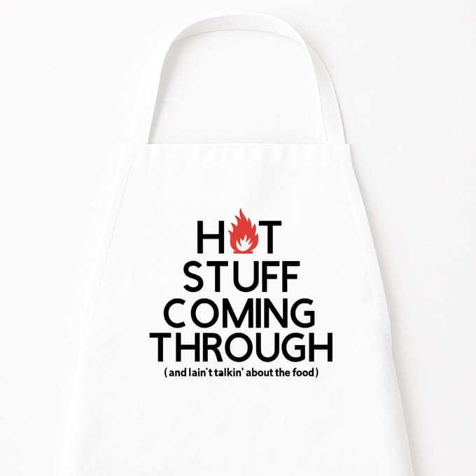 Go Mama - Keukenschort “Hot Stuff Coming Through” – Grappig kookschort – One Size – Verstelbaar – Wit – Humor cadeau