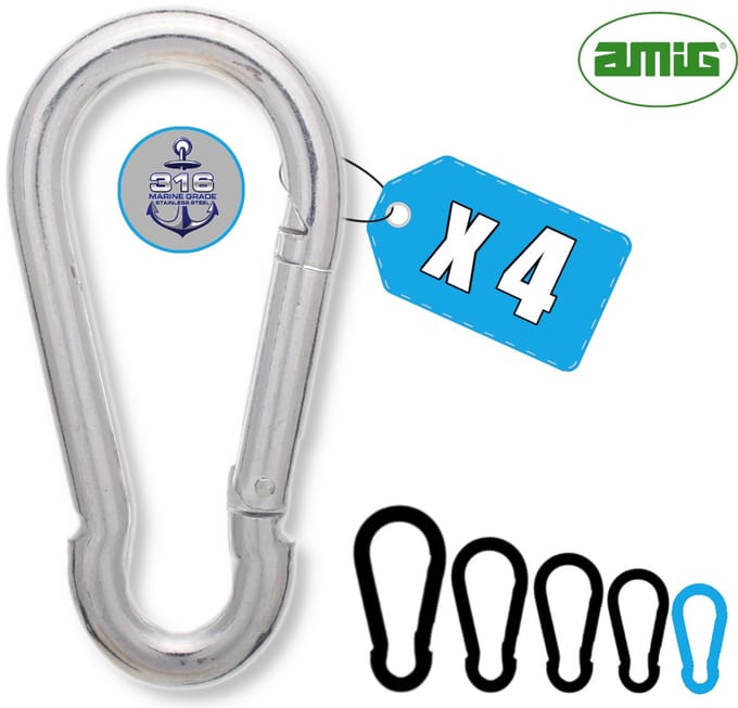 AMIG Karabijnhaak 5x50mm Mini RVS 316 Zeewater Bestendig Veersluiting Boot Set - 4 Stuks