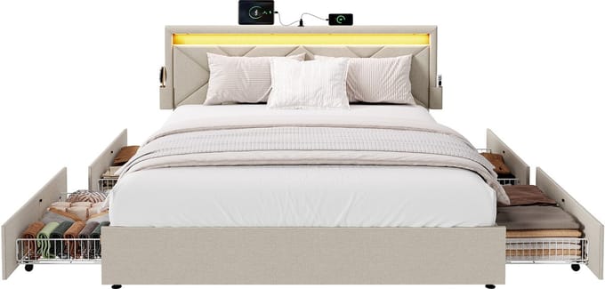 VASAGLE - Bed - LED-verlichting - 4 Lades - Verstelbaar Gestoffeerd Hoofdbord