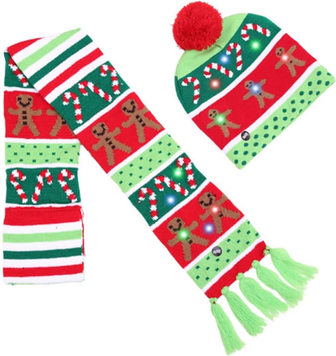 Lichtgevende Kerstmuts En Sjaal Met Lichtjes - Groen / Rood