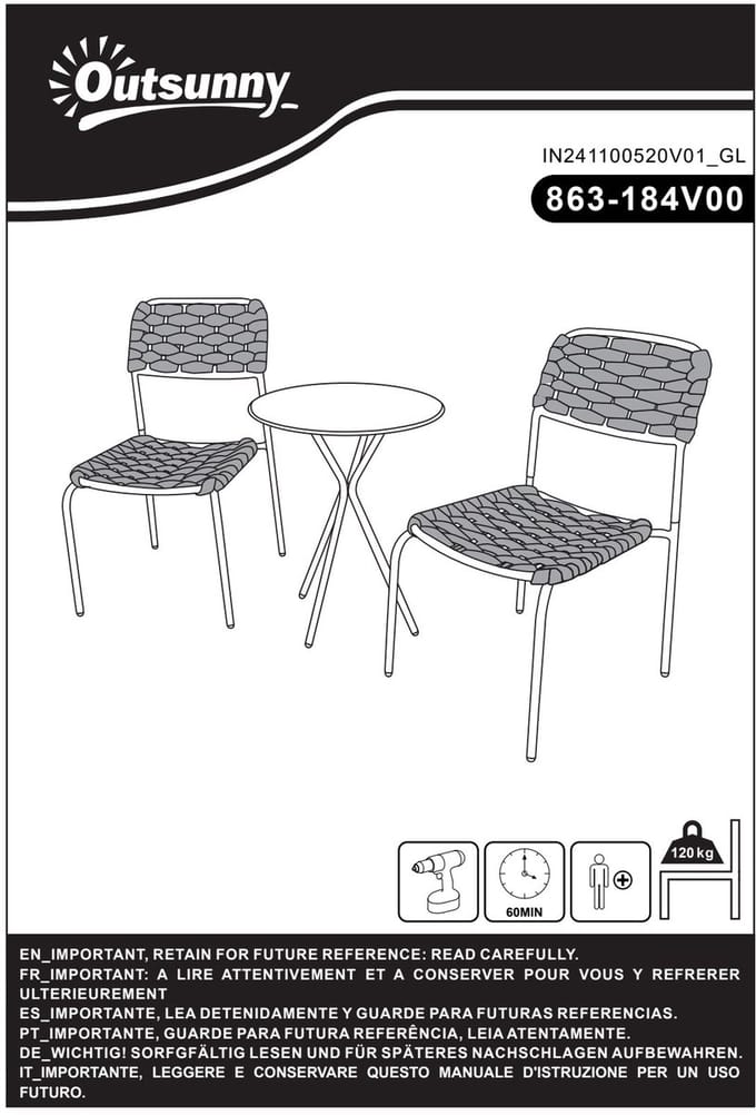 YYchan bistroset voor buiten - 2 personen - grijs - 60 x 46 x 80 cm