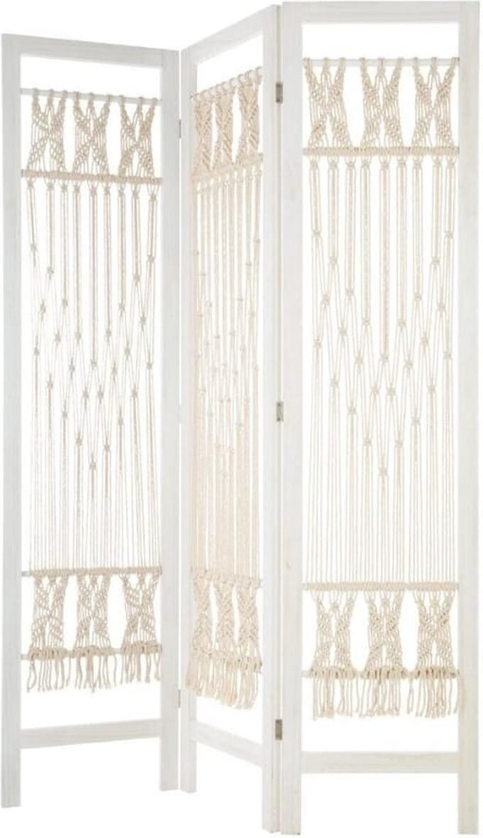 Wit hout en macrame scherm 170 cm - Coton|Polyester|Paulownia - Wit - SILUMEN