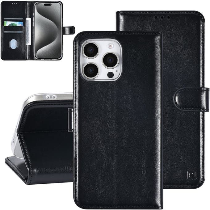 TUNIQ iPhone 16 Pro Max Book Case hoesje Pasjeshouder voor 3 pasjes - Hanger - Zwart