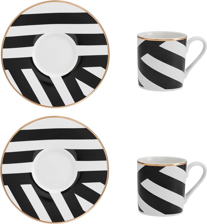 Mikasa - Espressokopjes met Schoteltjes - Luxe Deco - Geometric Stripe - Set van 2 - 100ml