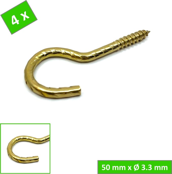 TQ4U Schroefhaak messing - 50 mm - Ø 3.3 mm - Gedecoreerd - 4 stuks
