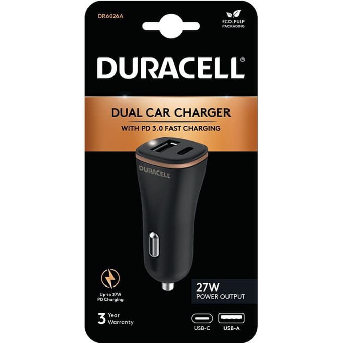 Duracell 27W USB-C en USB-A Power Delivery Autolader Zwart