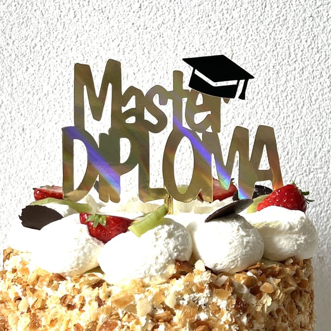 Taarttopper | Taart topper | Geslaagd | Diploma | Master | goud | 14 cm breed