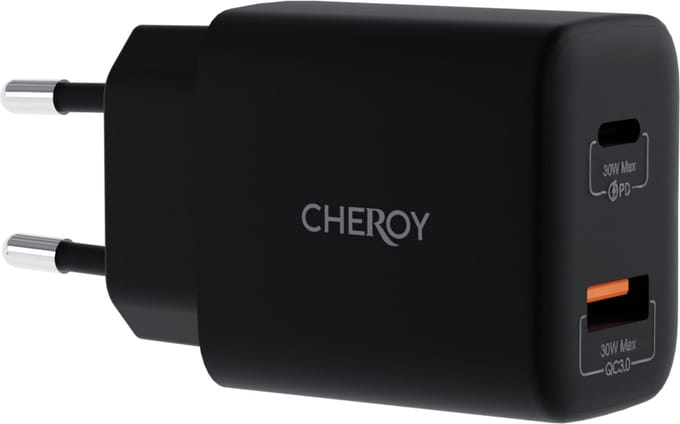 CHEROY 30W Wall Charger – Snellader – USB A / USB C Adapter – Oplader – Dual Port Power Delivery – QuickCharge 3.0 – Zwart