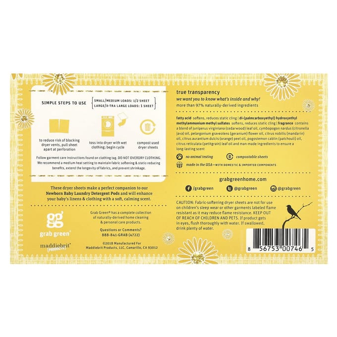 Grab Green, pasgeboren baby droger lakens, 0-4 maanden, 40 biologisch afbreekbare lakens yellow